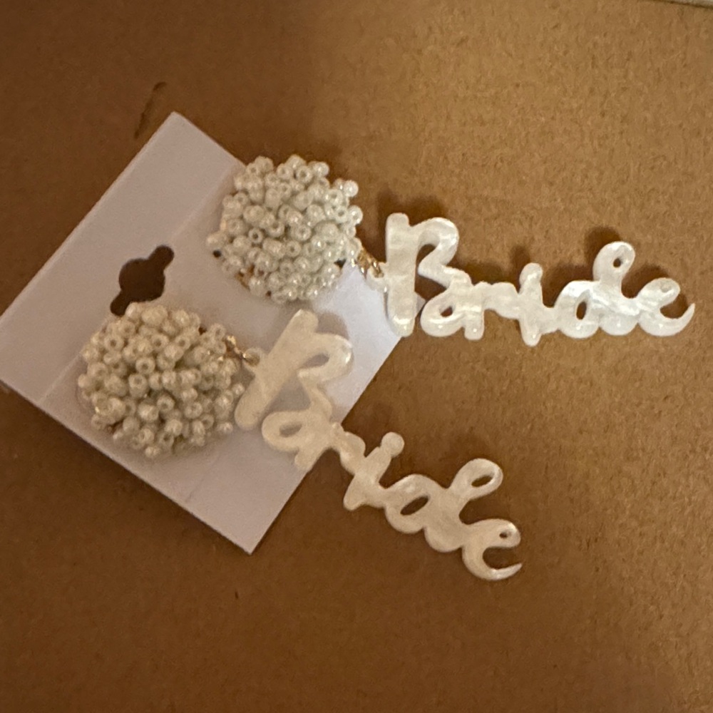 Bride Pearl Script Statement Earrings - White